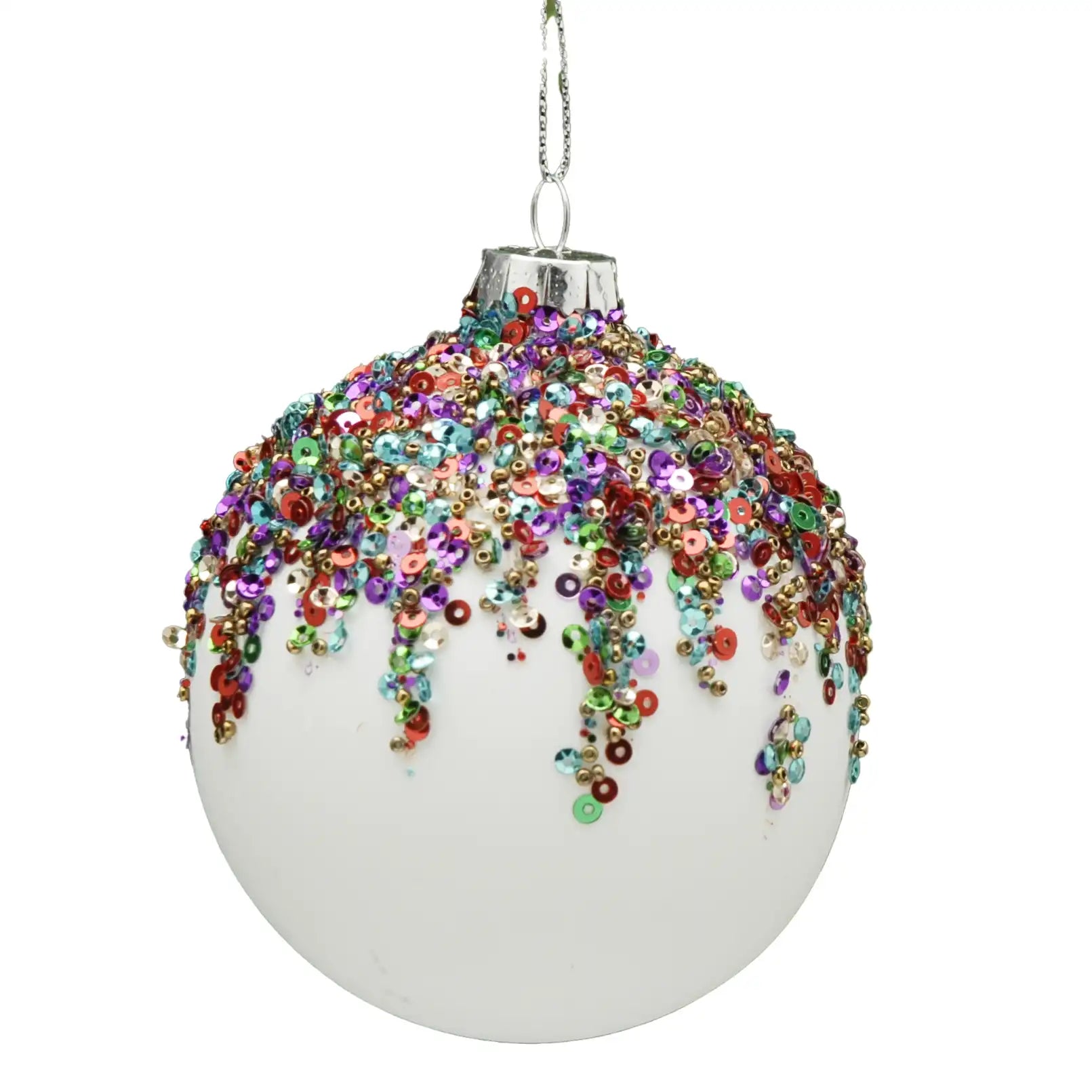 Festive 8cm White Christmas Bauble with Coloured Sequins