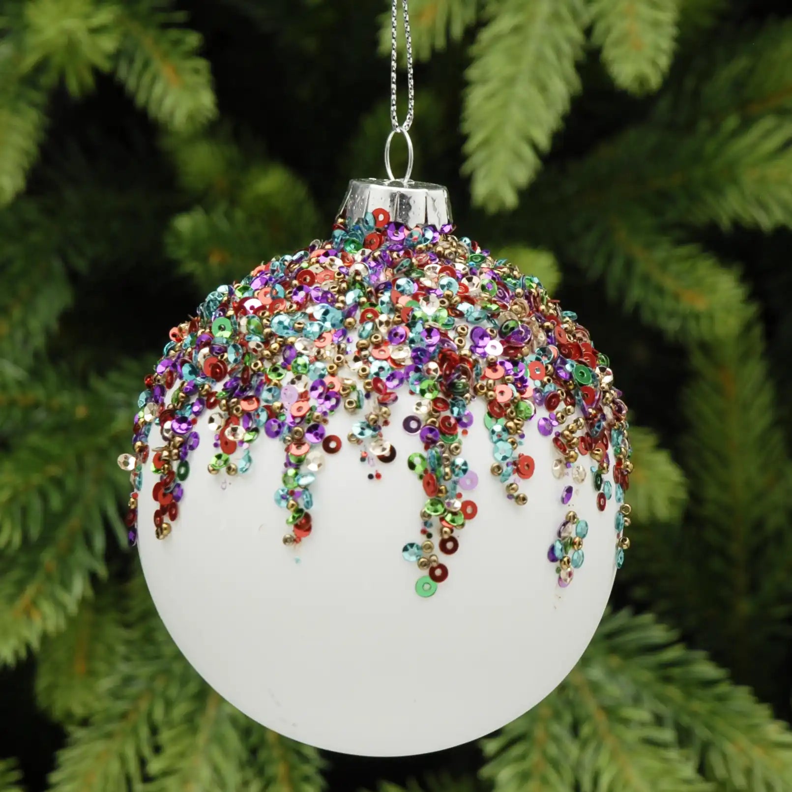 Festive 8cm White Christmas Bauble with Coloured Sequins