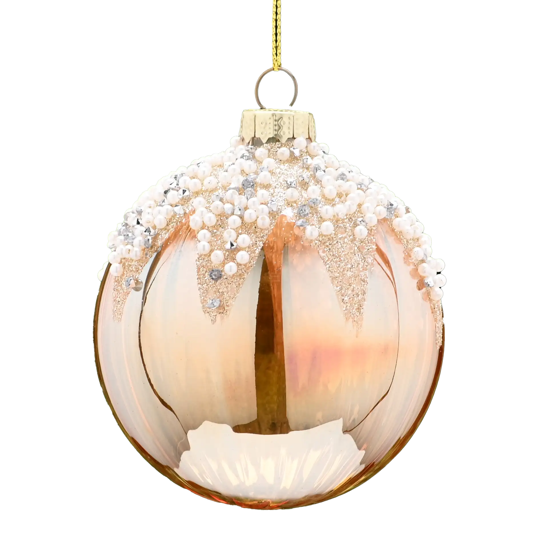 Festive 8cm Translucent Amber Glass Bauble with Pearl Snowcap