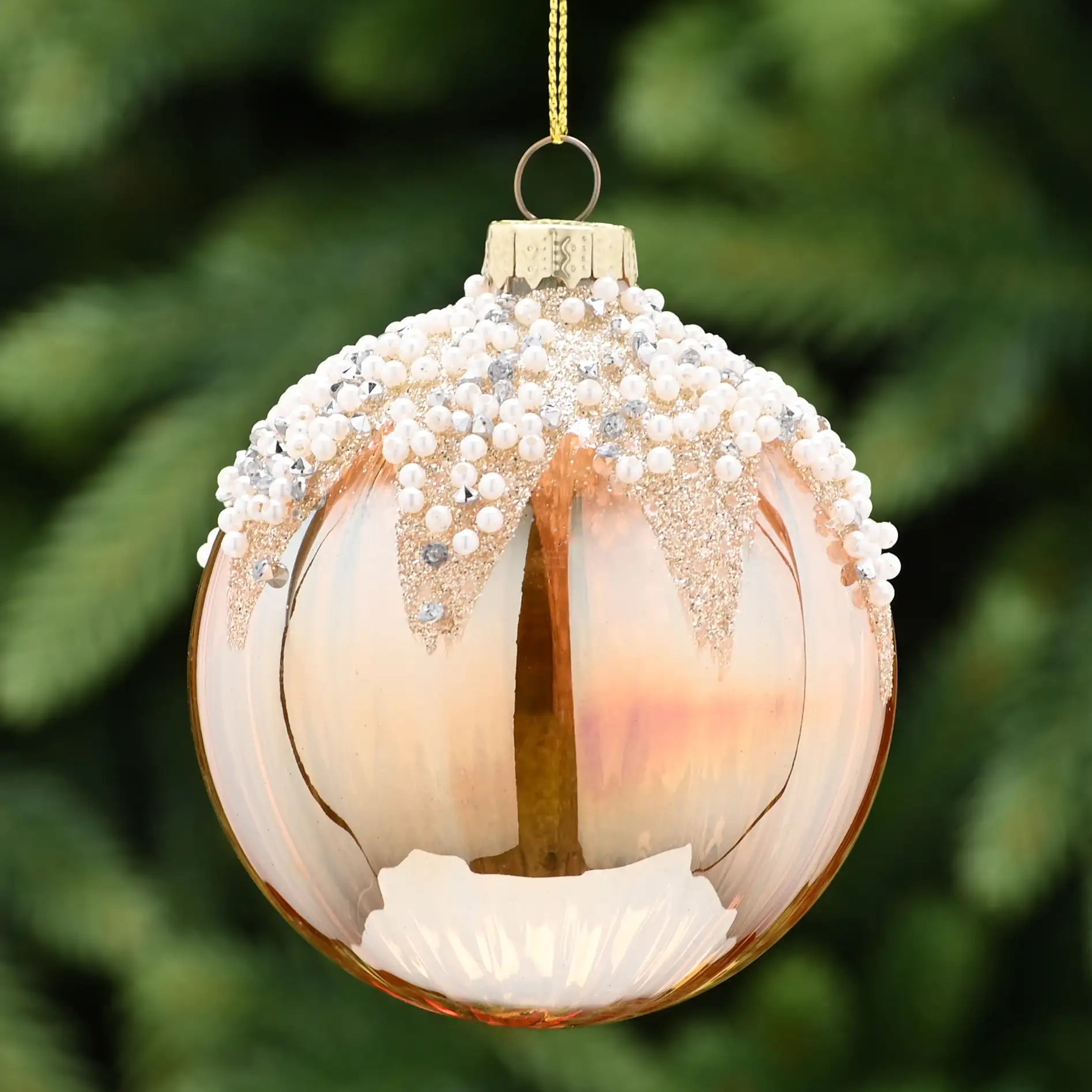 Festive 8cm Translucent Amber Glass Bauble with Pearl Snowcap