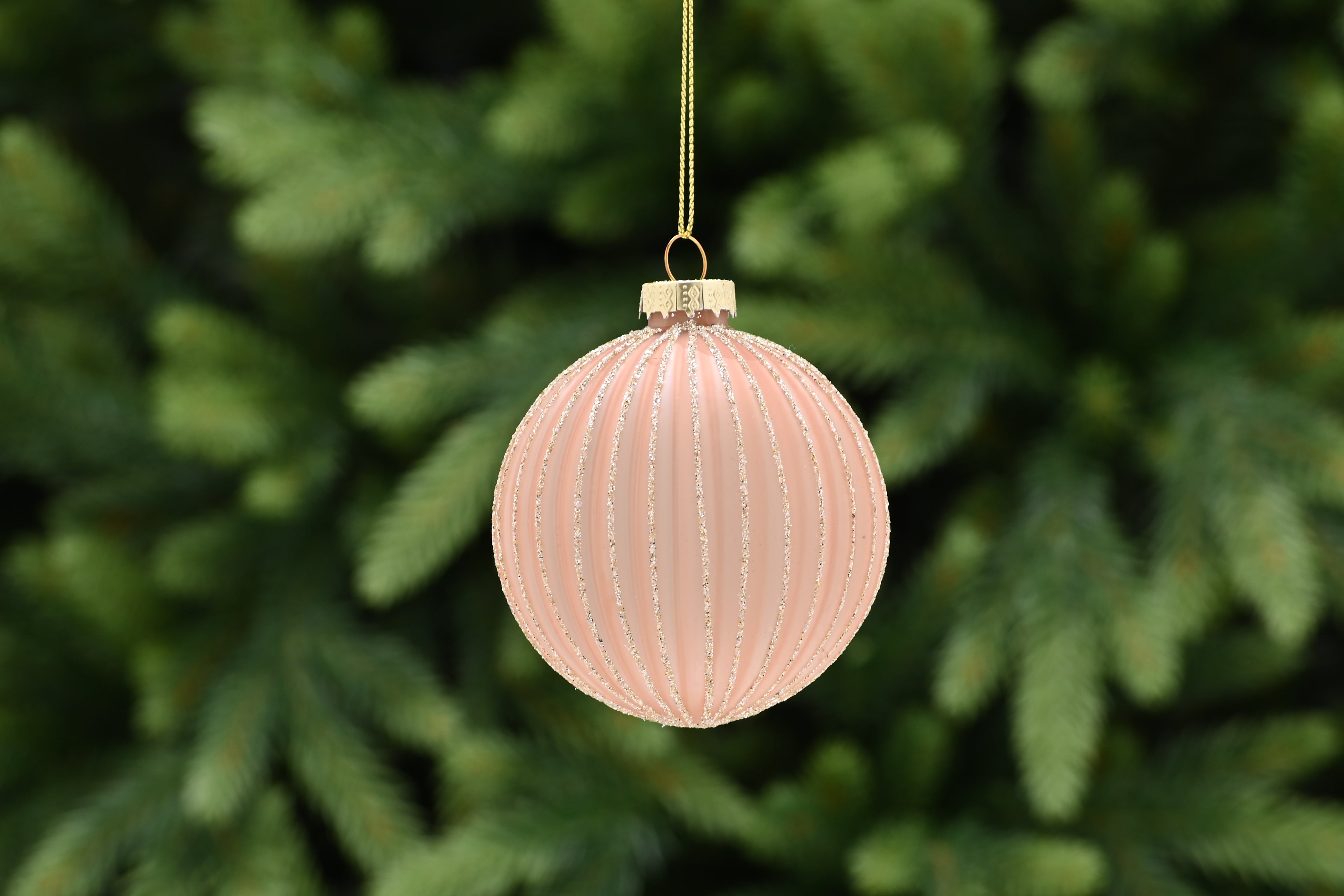 Festive 8cm Translucent Amber Glass Bauble with Glitter Lines