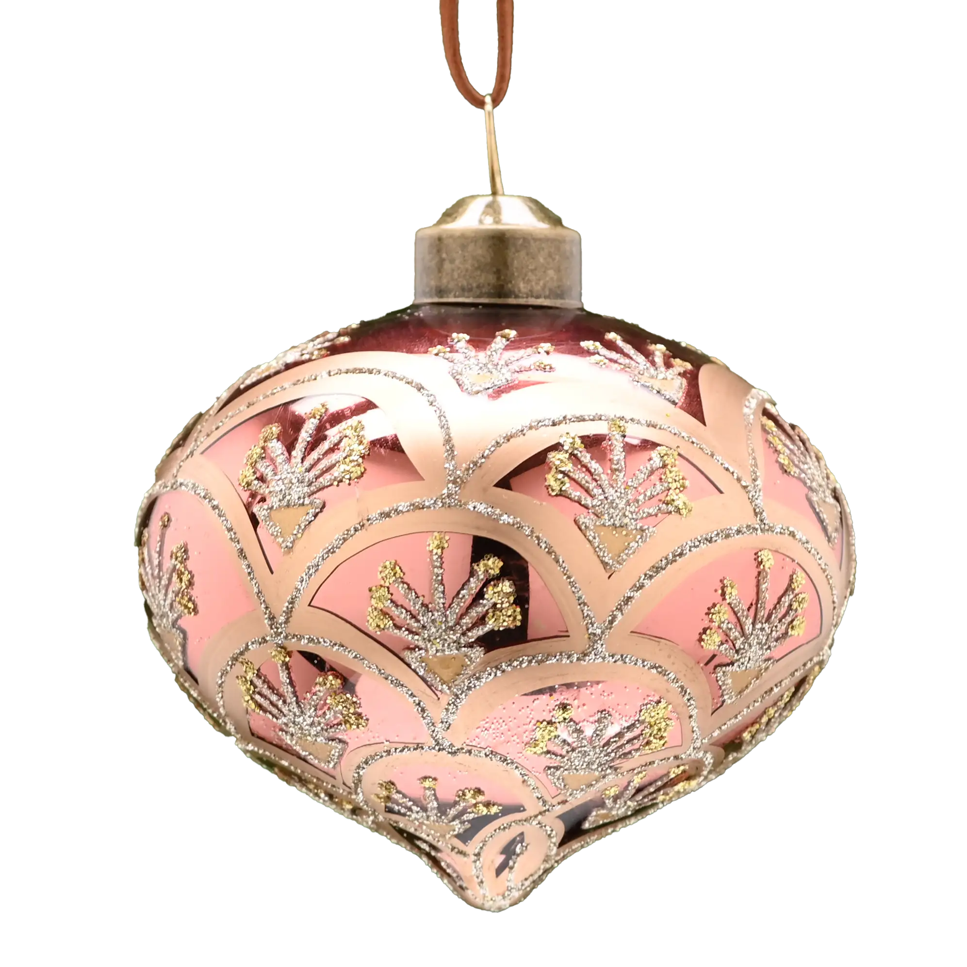 Festive 8cm Deep Pink & Gold Swags Glass Onion Christmas Bauble