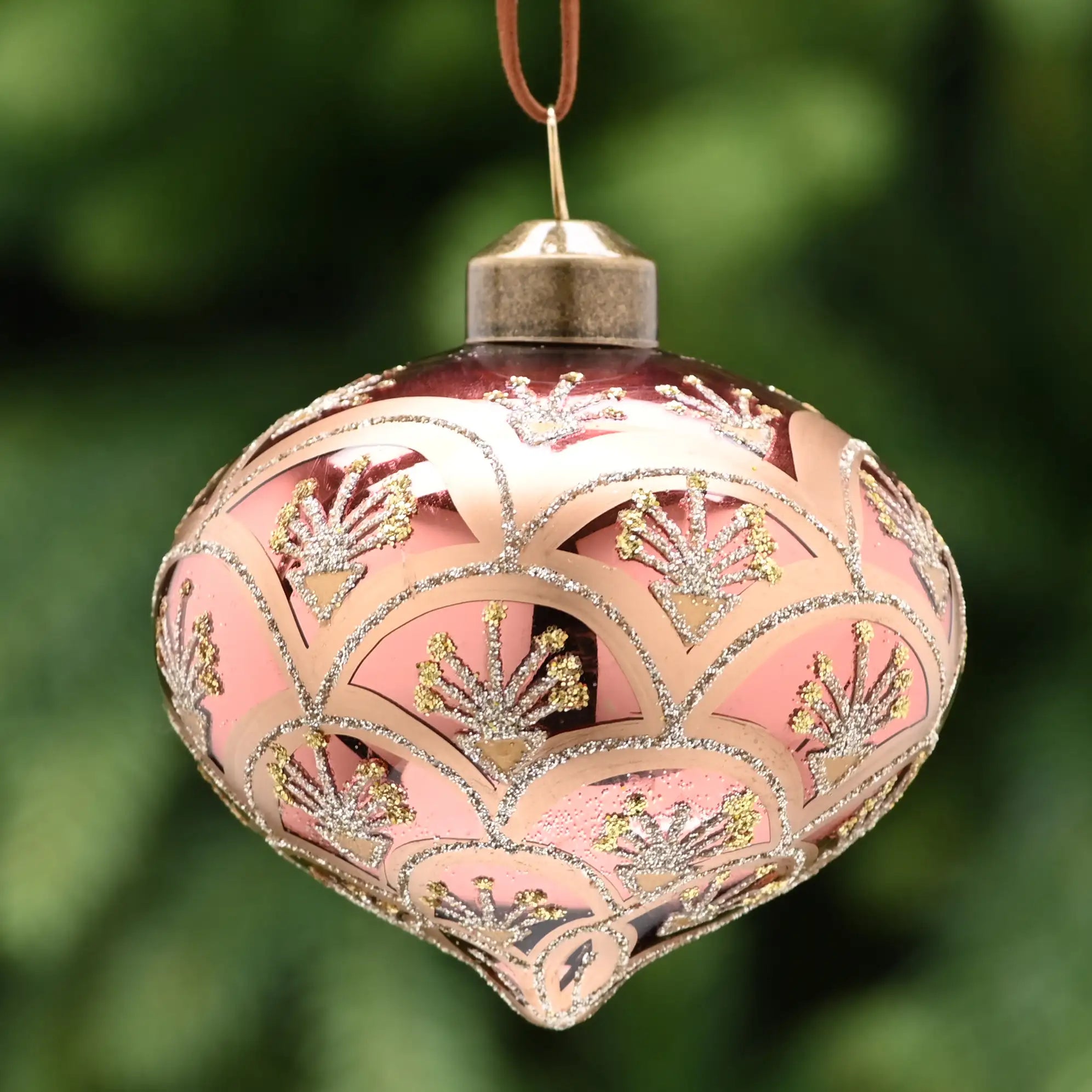 Festive 8cm Deep Pink & Gold Swags Glass Onion Christmas Bauble