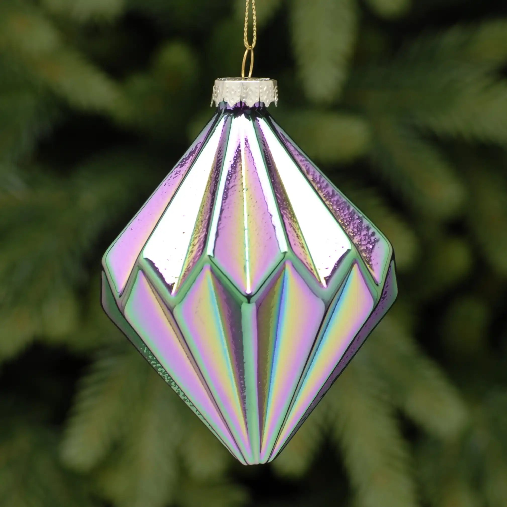 Festive 10cm Petrol Effect Glass Diamond Christmas Bauble