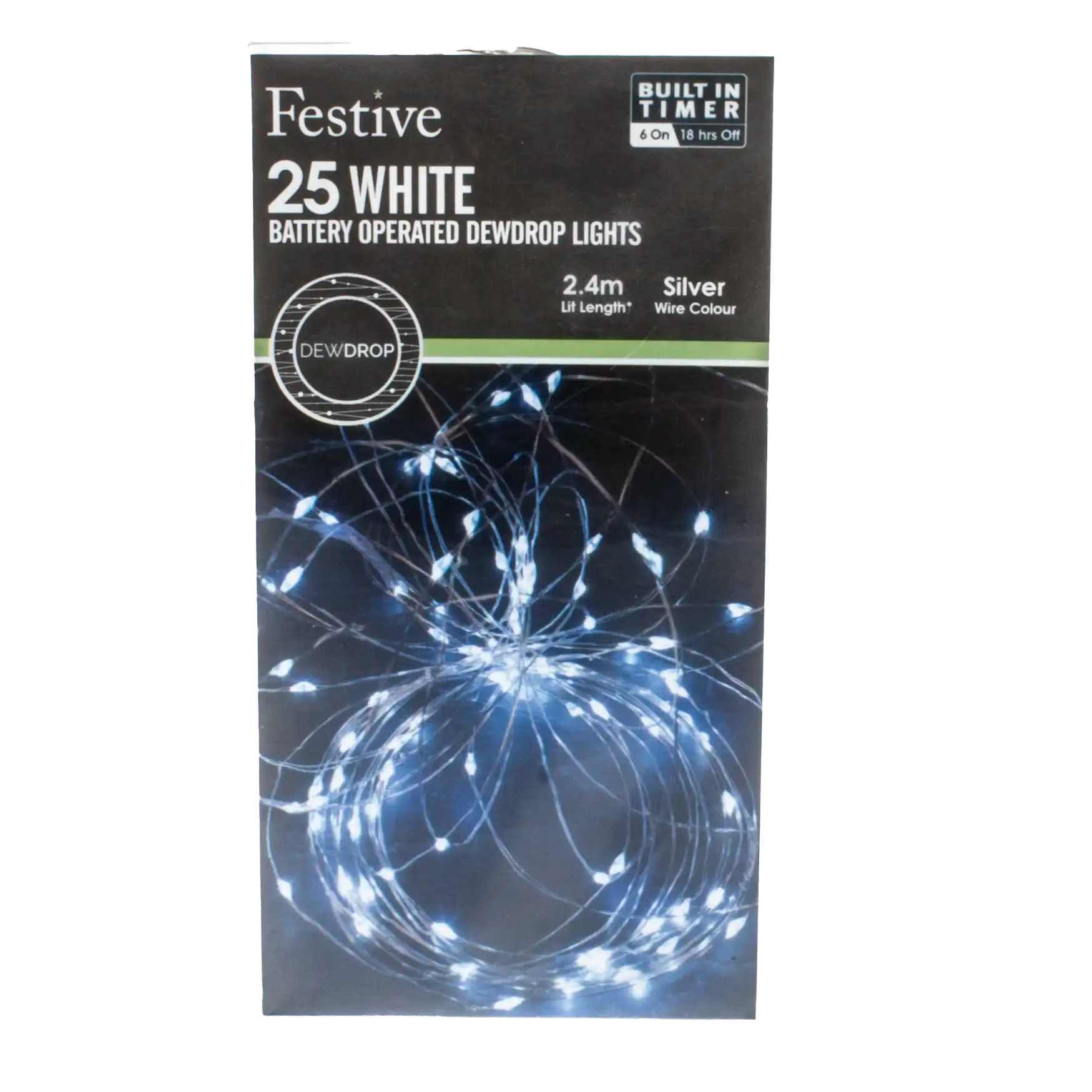 Festive 25 Bright White Battery Operated Dewdrop Wire Christmas Lights