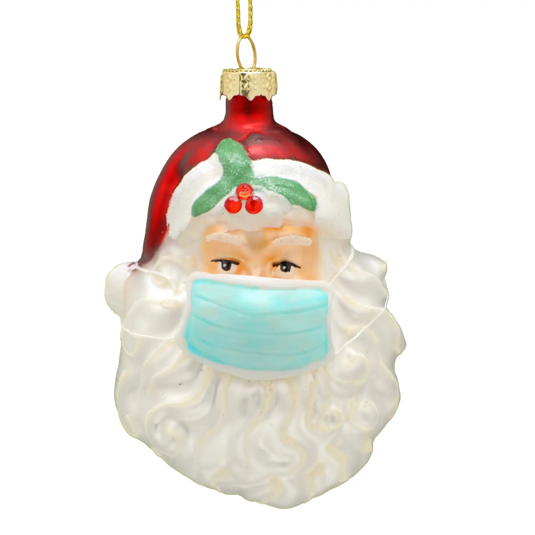 Festive 11cm Glass Santa in Blue Surgical Mask Tree Decoration