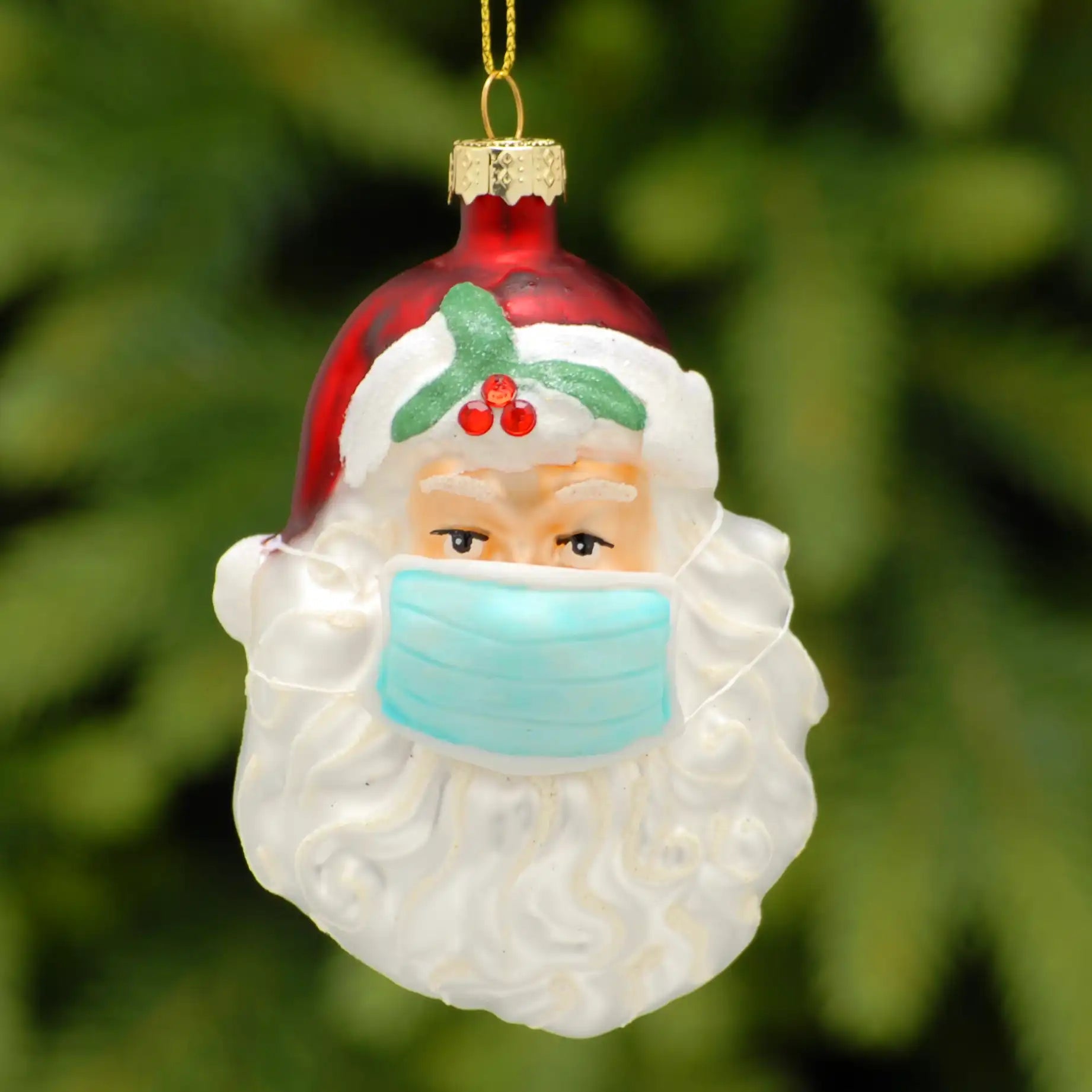 Festive 11cm Glass Santa in Blue Surgical Mask Tree Decoration