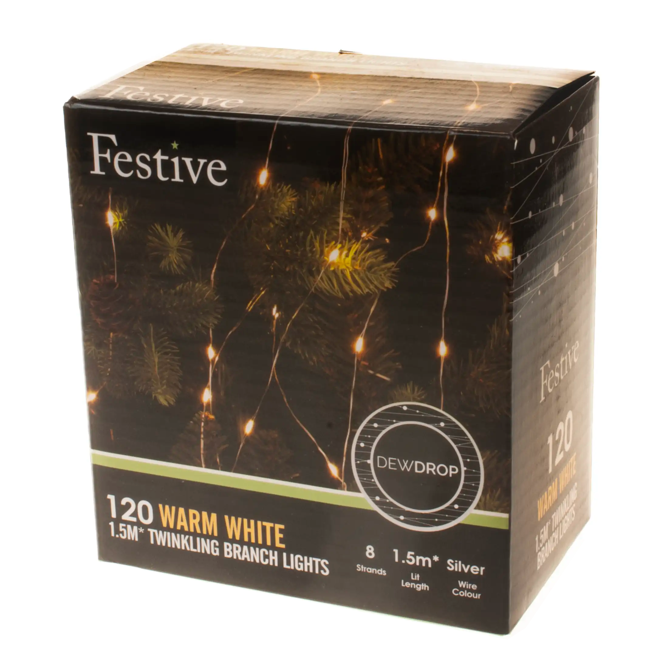 Festive 120 Warm White Christmas Twinkling Dewdrop Branch Lights - 1.5 Metres