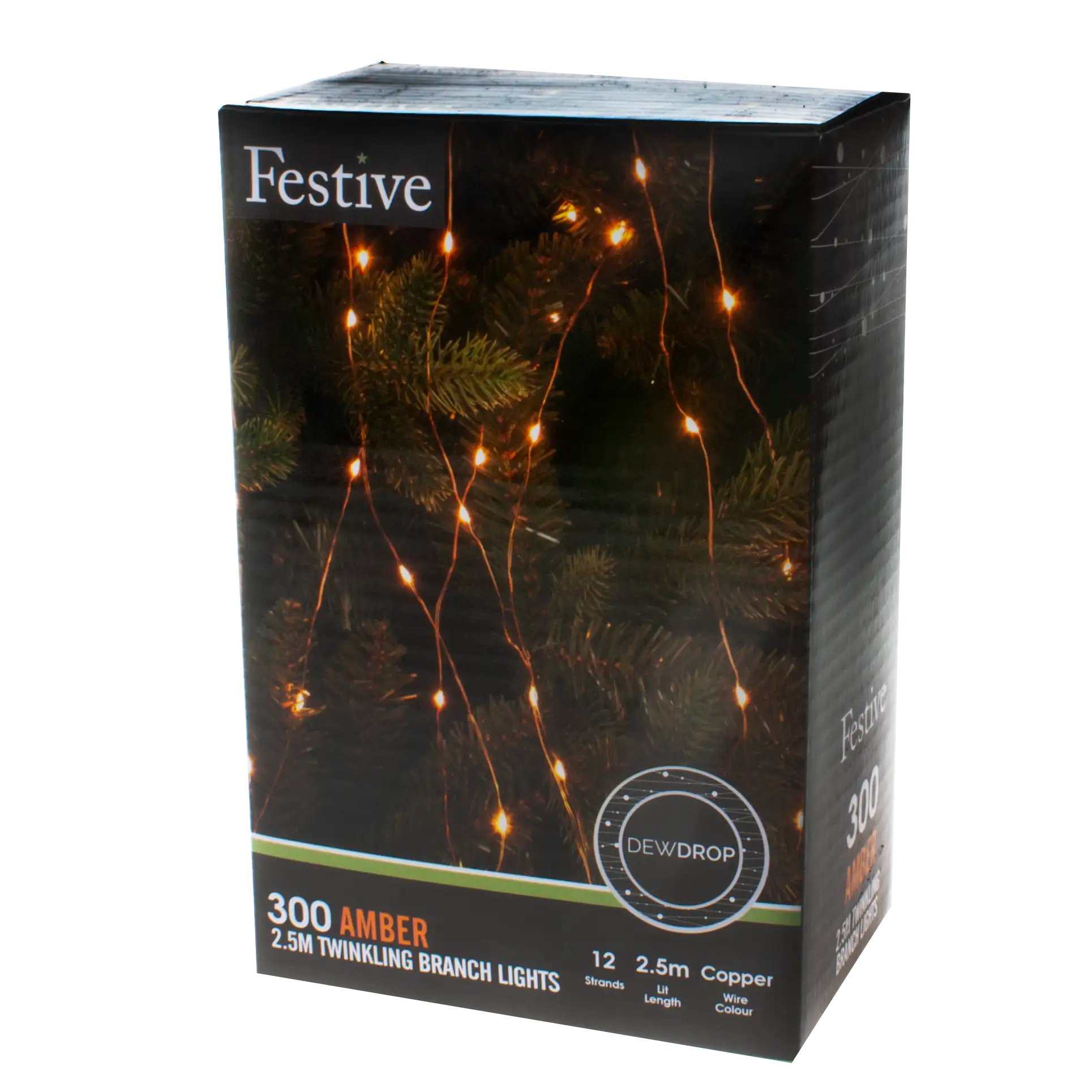 Festive 300 Amber Christmas Twinkling Dewdrop Branch Lights - 2.5 Metres