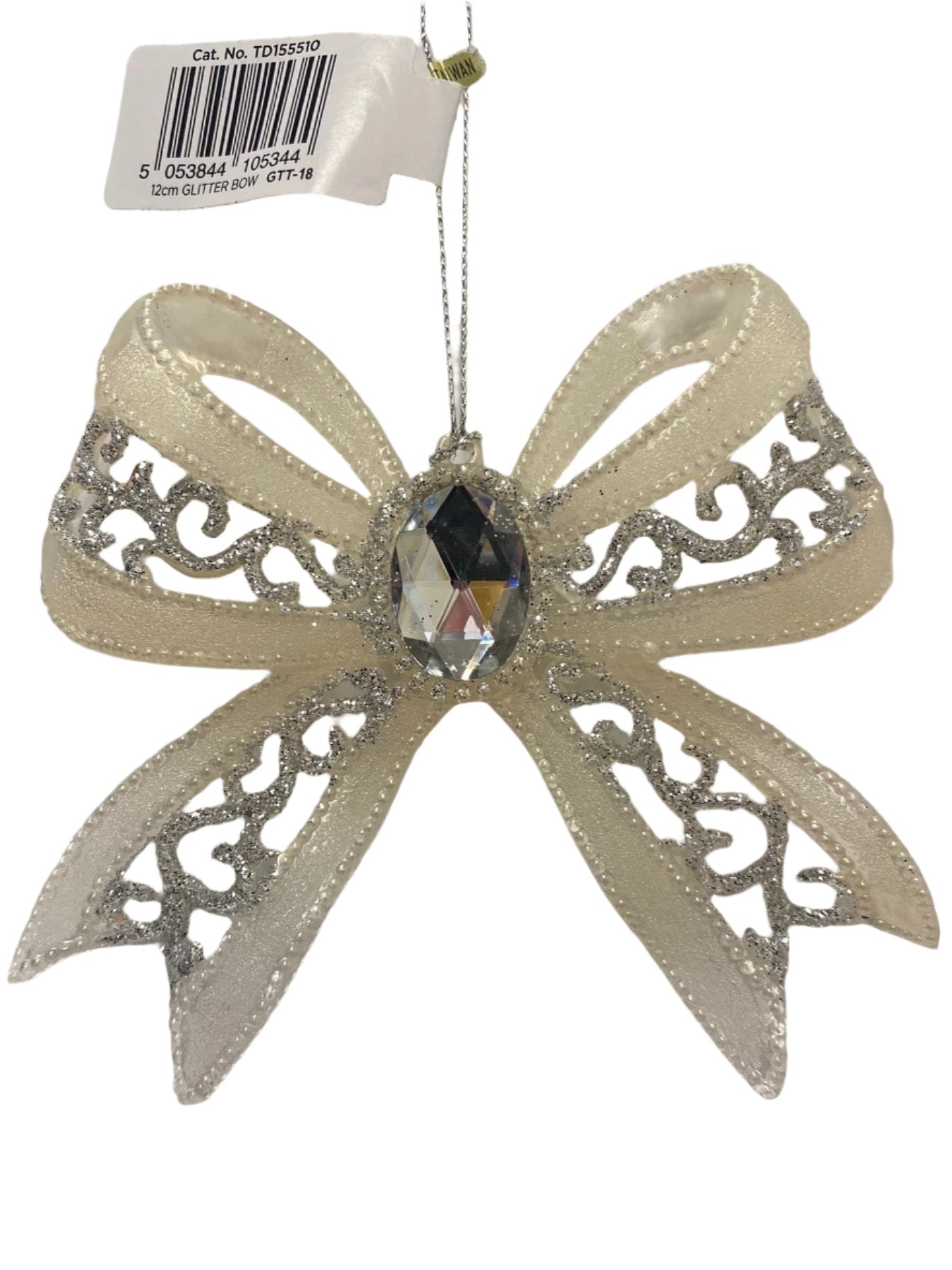 Premier 12cm Acrylic Glitter Bow Christmas Tree Decoration - Gold or Silver