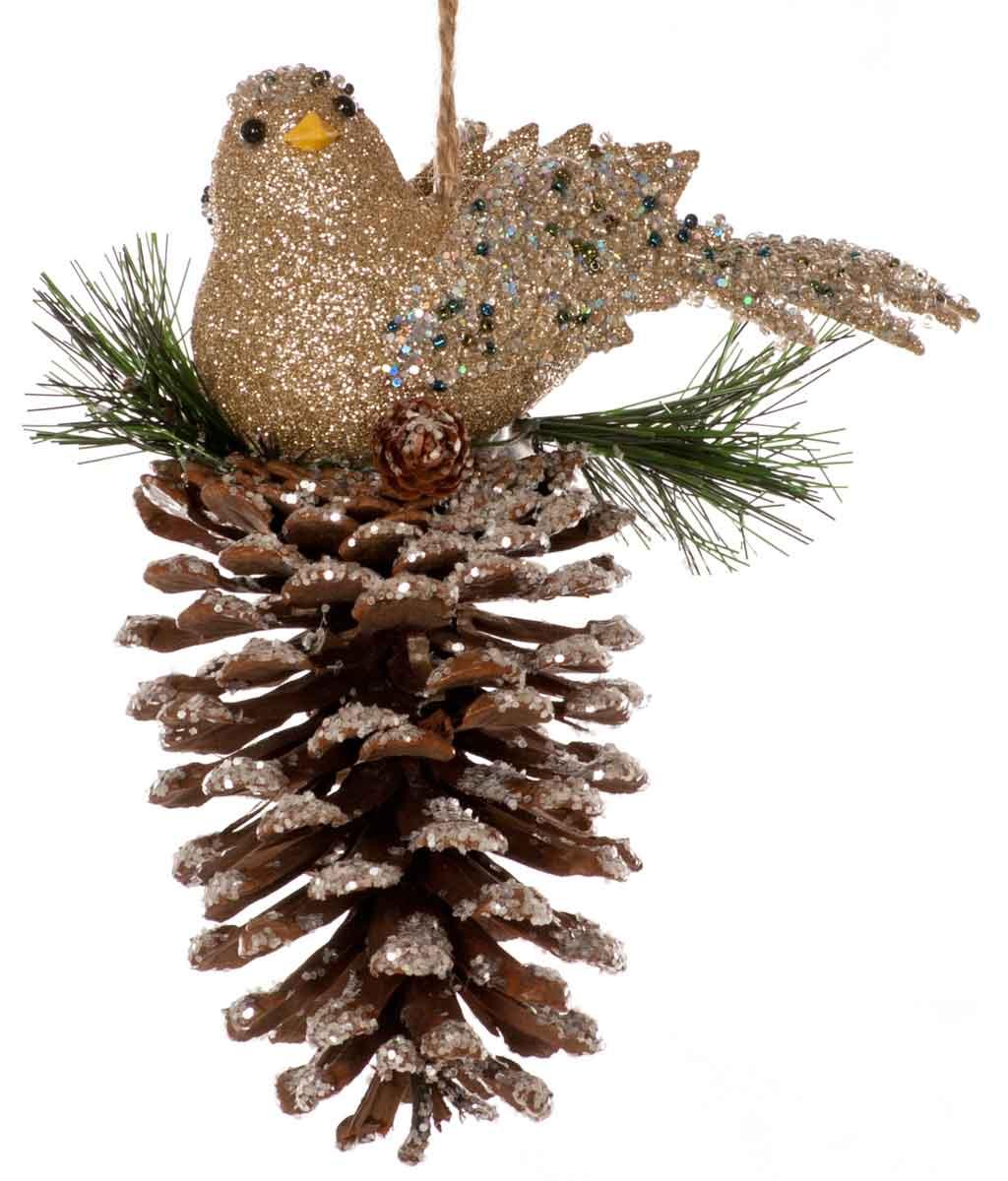 Christmas Bird on Pine Cone Tree Decoration - Gold