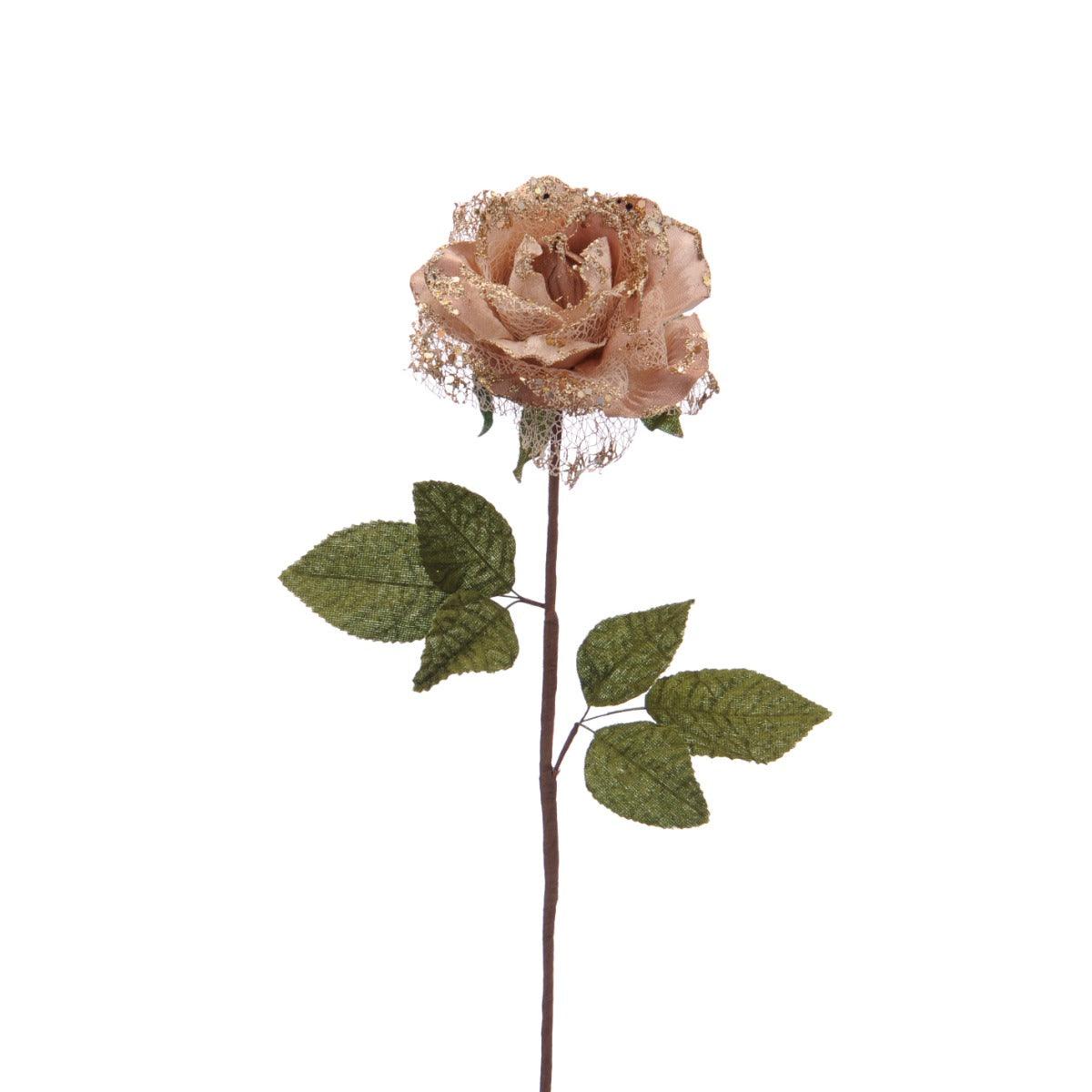 Festive 60cm Rose Stem and Leaves - Champagne/Gold