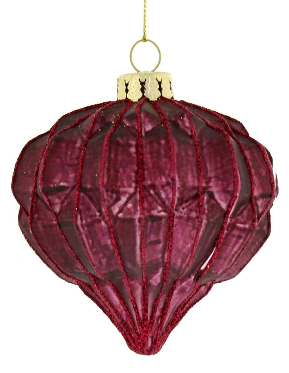 Festive Deep Red Geometric Glass Christmas Onion Bauble - 100mm