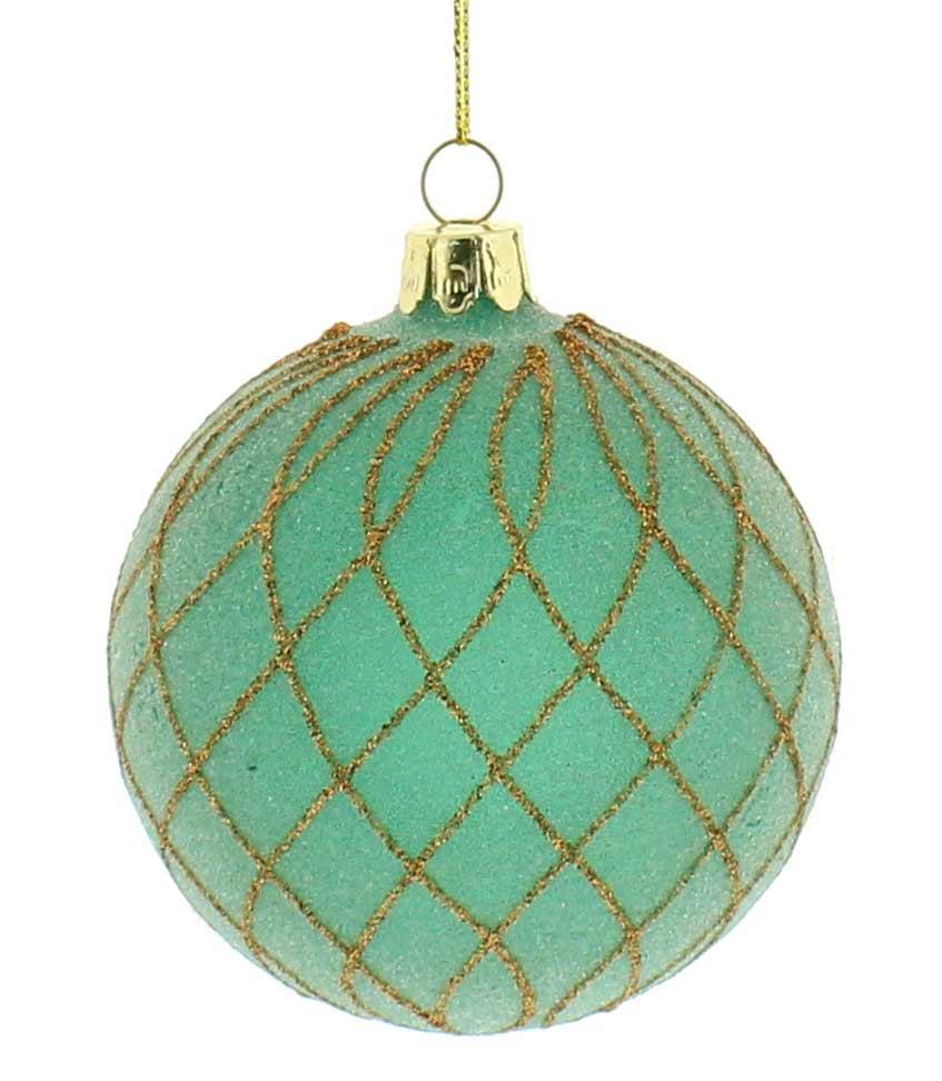 Festive Green/Gold Criss-Cross Christmas Bauble - 80mm