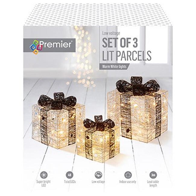 Premier Decorations 3 Piece Parcels with LEDs - Silver and Black - Towsure