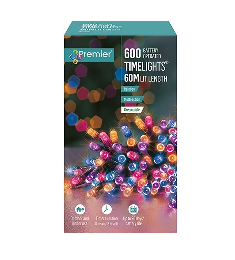 Premier Decorations 600 Multi Action Battery Operated LED Lights - Rainbow