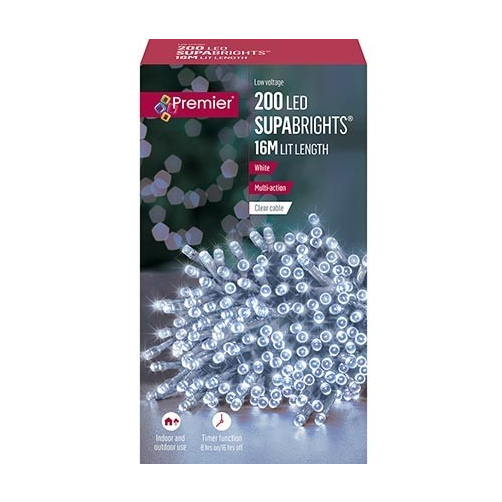 200 Multi-Action LED White Supabrights Christmas Lights 16 Metres - Mains