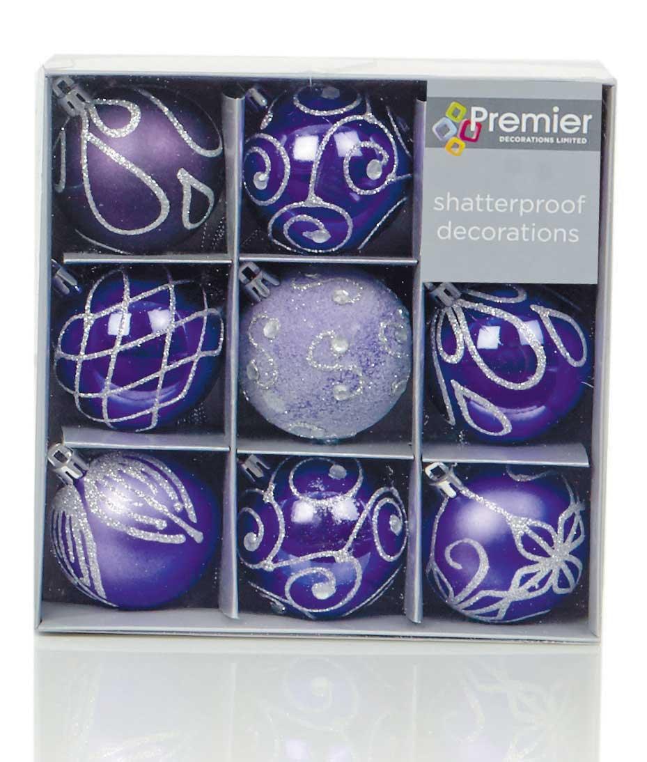 Shatterproof Purple Christmas Baubles 60mm - Pack of 9 - Towsure