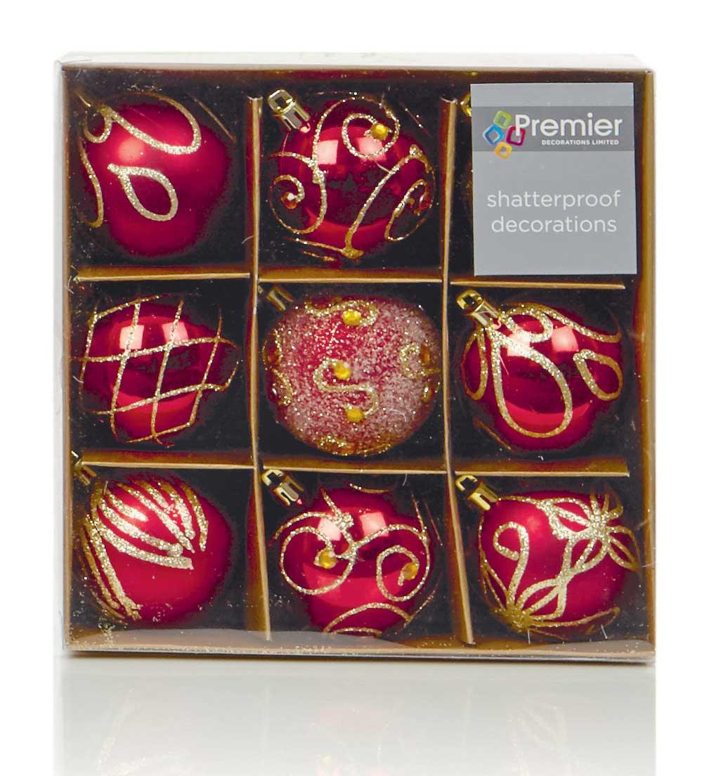 Shatterproof Red Christmas Baubles 60mm - Pack of 9